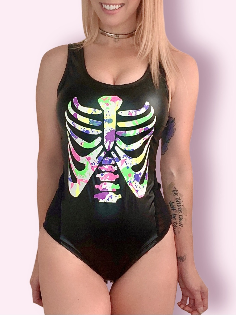 Neon Skeleton Ribs Wet Look & Mesh Bodysuit S Goth Halloween Horror Romper